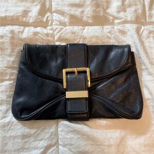 Michael Kors Navy Leather Clutch with Gold Buckle